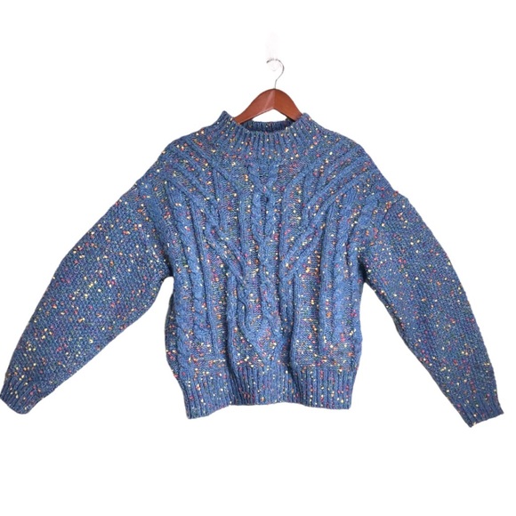 Fate Mock Neck Powder Blue Multicolor Confetti Chunky Ribbed Cable Knit Sweater - Picture 2 of 9